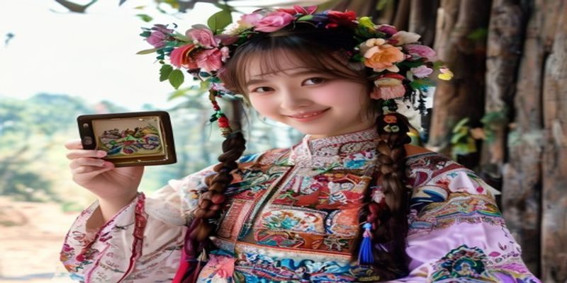 来自贵州苗寨的90后女孩阿花用手机拍摄国产自拍视频记录苗绣传承，获得百万粉丝关注，她在苗族服饰前微笑展示刺绣作品